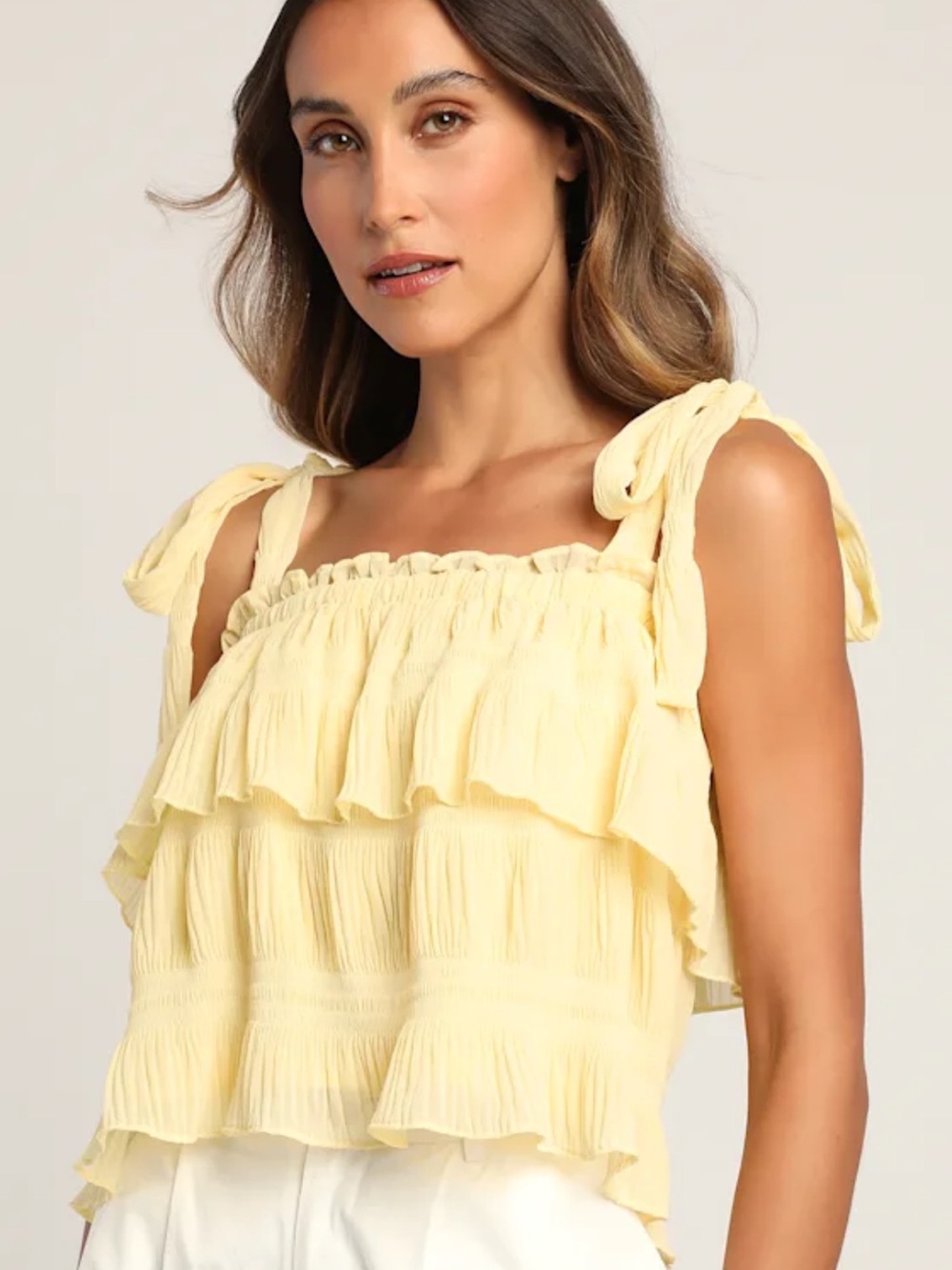 Lulu's Pale Yellow Tiered Tie-Shoulder Tank Size XS